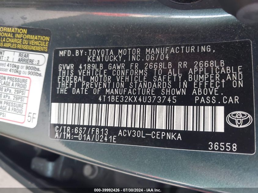 2004 Toyota Camry Le/Xle/Se VIN: 4T1BE32KX4U373745 Lot: 39992426