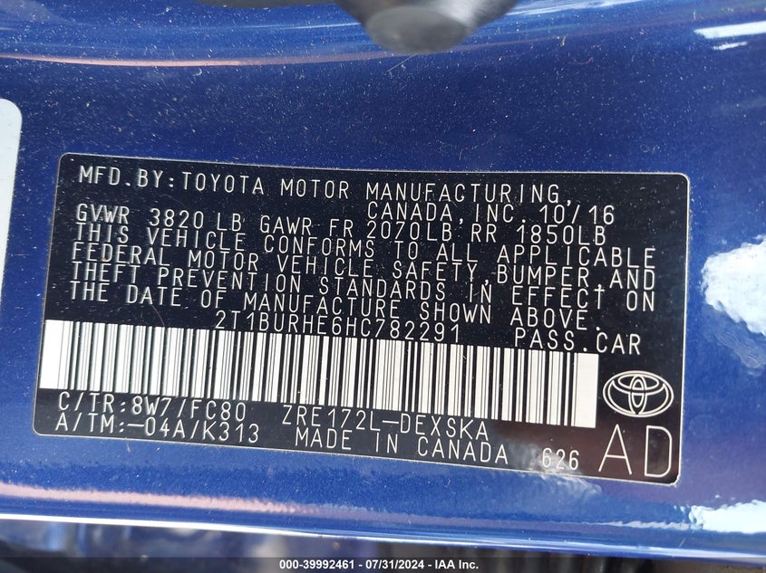 VIN 2T1BURHE6HC782291 2017 TOYOTA COROLLA SE