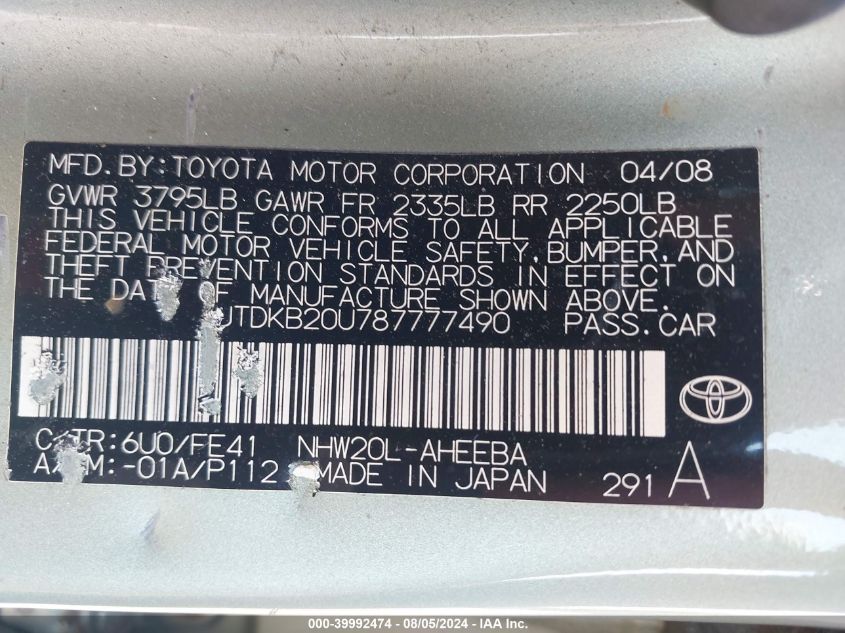 2008 Toyota Prius VIN: JTDKB20U787777490 Lot: 39992474