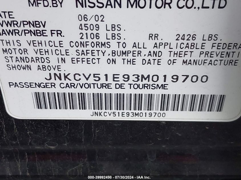 2003 Infiniti G35 Luxury Leather VIN: JNKCV51E93M019700 Lot: 39992498