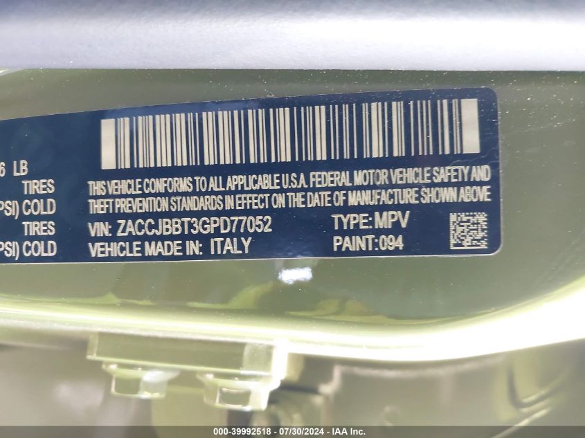 2016 Jeep Renegade 75Th Anniversary VIN: ZACCJBBT3GPD77052 Lot: 39992518