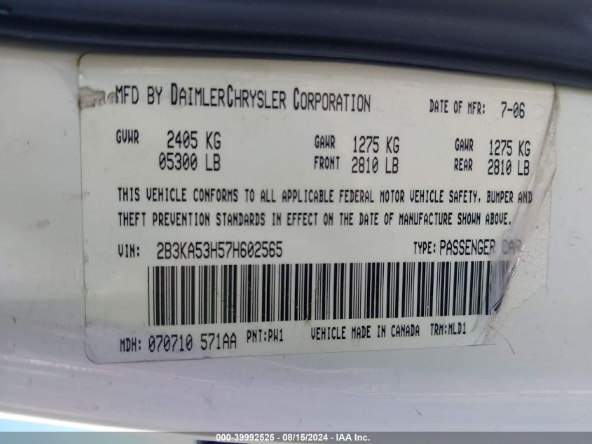 2007 Dodge Charger Rt VIN: 2B3KA53H57H602565 Lot: 39992525