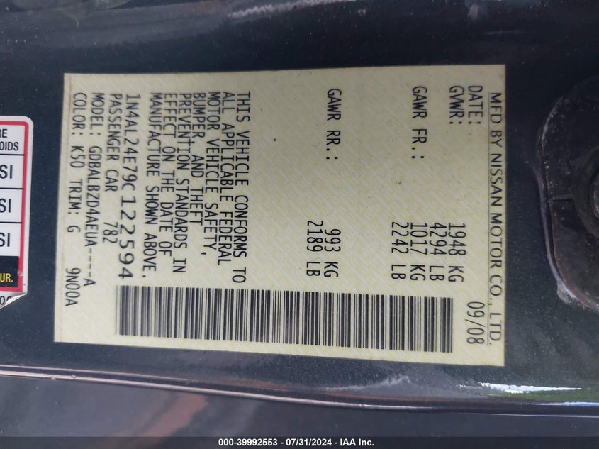 2009 Nissan Altima 2.5S VIN: 1N4AL24E79C122594 Lot: 39992553