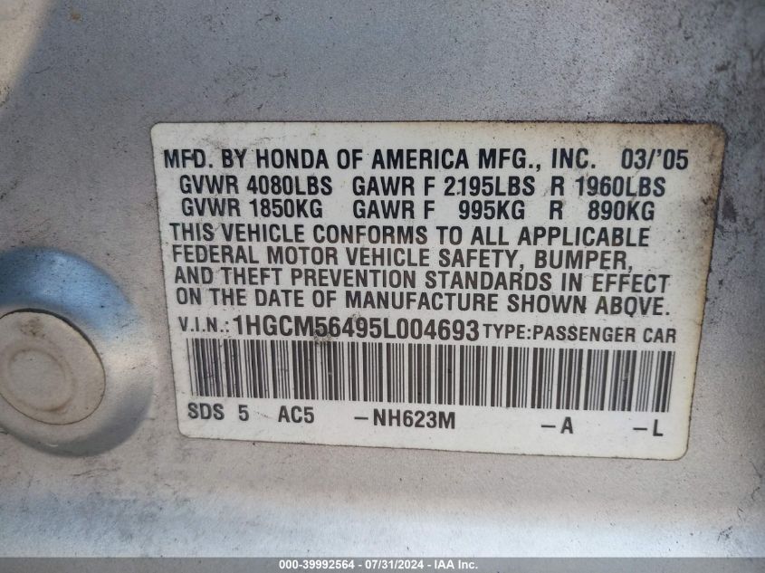 2005 Honda Accord 2.4 Lx VIN: 1HGCM56495L004693 Lot: 39992564