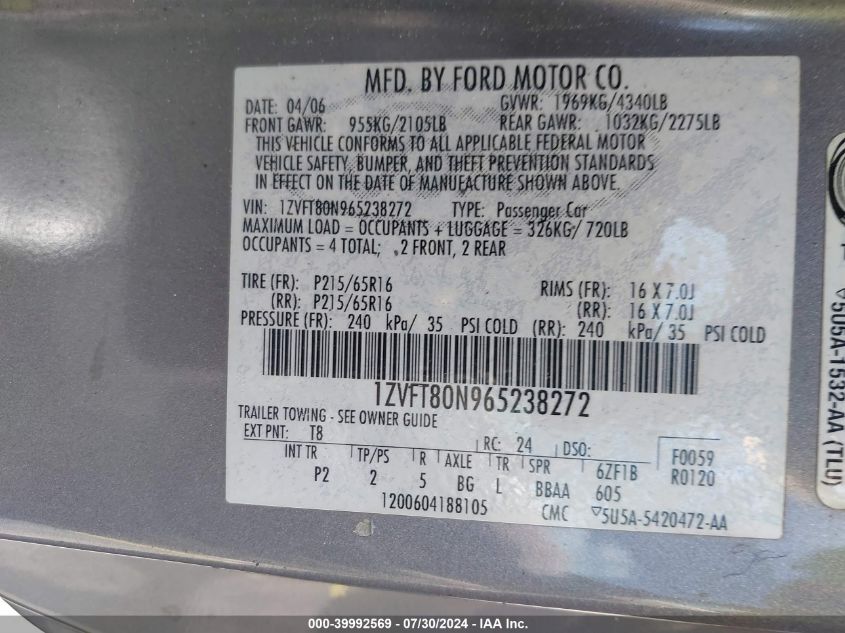 2006 Ford Mustang VIN: 1ZVFT80N965238272 Lot: 39992569