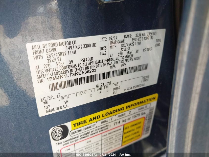 2019 Ford Expedition Max Platinum VIN: 1FMJK1LT3KEA86223 Lot: 39992573