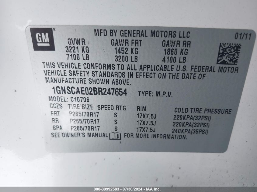 2011 Chevrolet Tahoe Ls VIN: 1GNSCAE02BR247654 Lot: 39992583