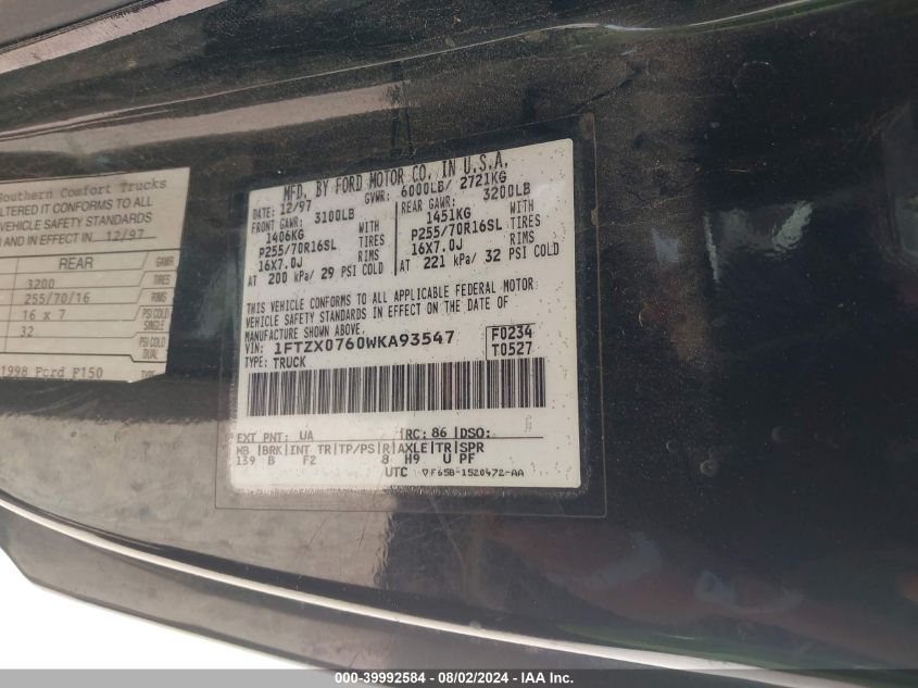1998 Ford F-150 Lariat/Xl/Xlt VIN: 1FTZX0760WKA93547 Lot: 39992584