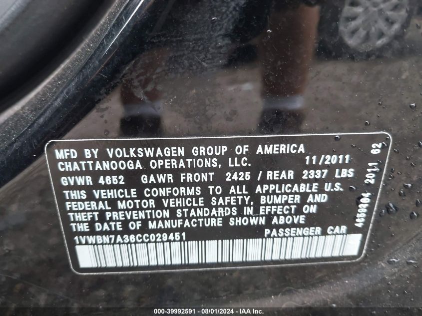2012 Volkswagen Passat 2.0L Tdi Se VIN: 1VWBN7A36CC029451 Lot: 39992591