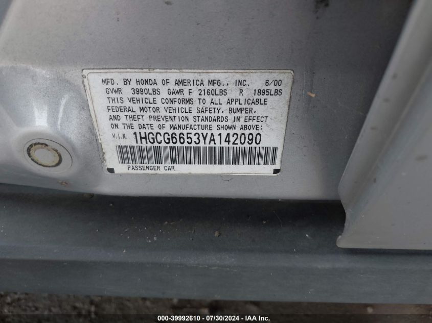 2000 Honda Accord 2.3 Lx VIN: 1HGCG6653YA142090 Lot: 39992610