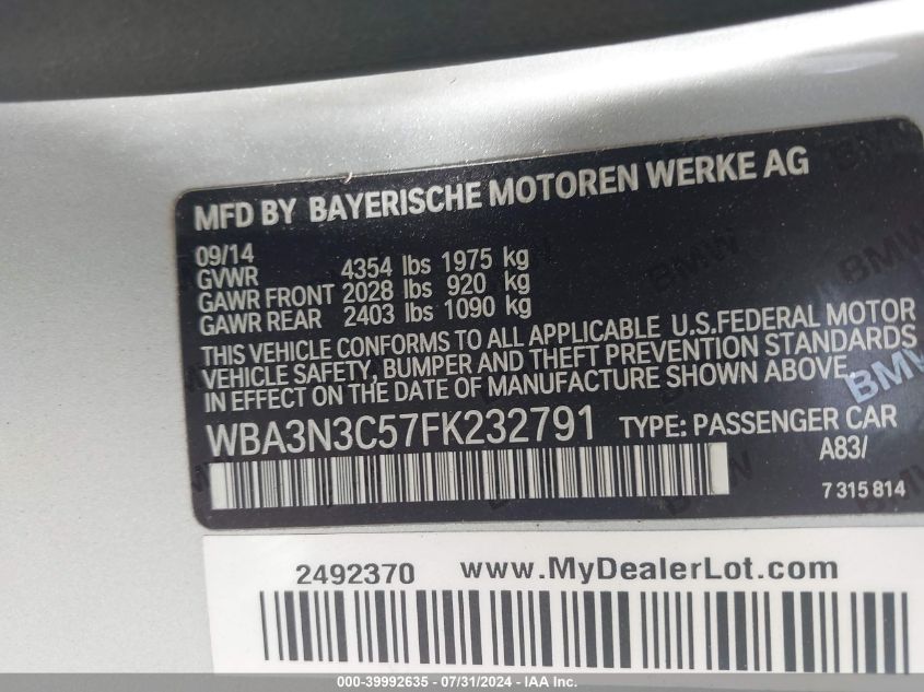 2015 BMW 428I VIN: WBA3N3C57FK232791 Lot: 39992635