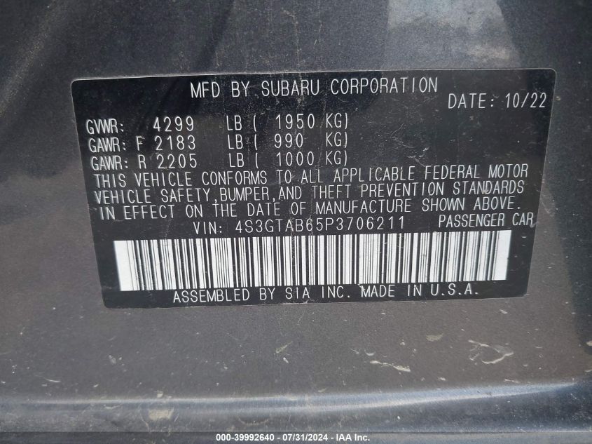 2023 Subaru Impreza Base 5-Door VIN: 4S3GTAB65P3706211 Lot: 39992640