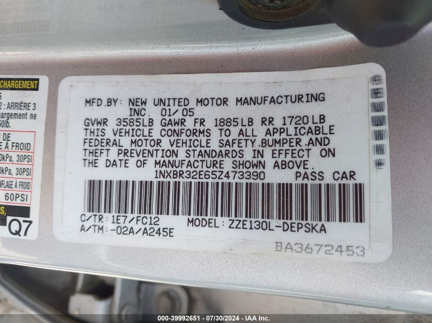 2005 Toyota Corolla S VIN: 1NXBR32E65Z473390 Lot: 39992651