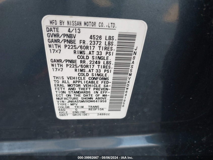 2013 Nissan Rogue VIN: JN8AS5MBXDW641956 Lot: 39992667