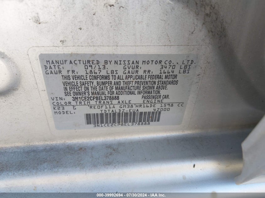 2014 Nissan Versa Note Sv VIN: 3N1CE2CP8EL378888 Lot: 39992694