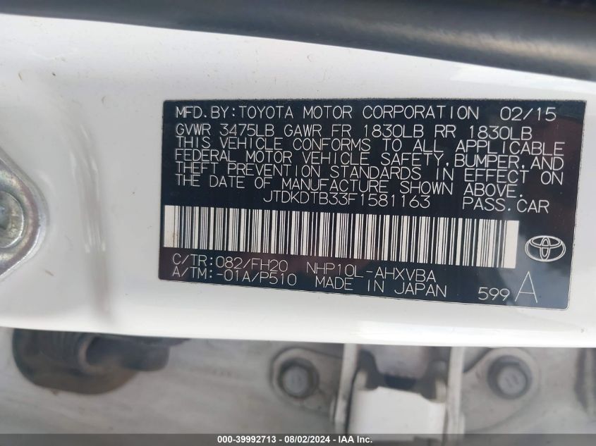 JTDKDTB33F1581163 2015 Toyota Prius C Four/One/Three/Two