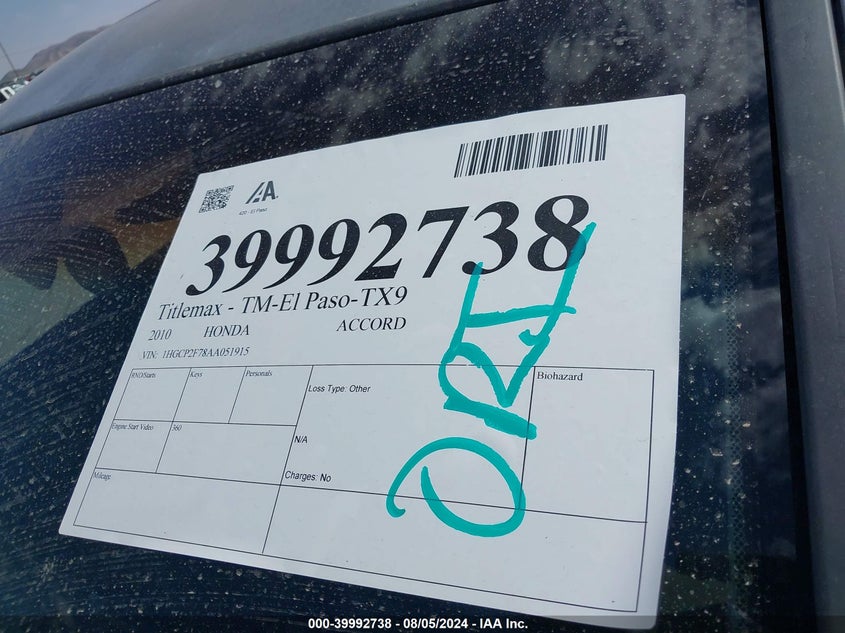 2010 Honda Accord 2.4 Ex VIN: 1HGCP2F78AA051915 Lot: 39992738