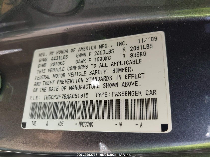 2010 Honda Accord 2.4 Ex VIN: 1HGCP2F78AA051915 Lot: 39992738