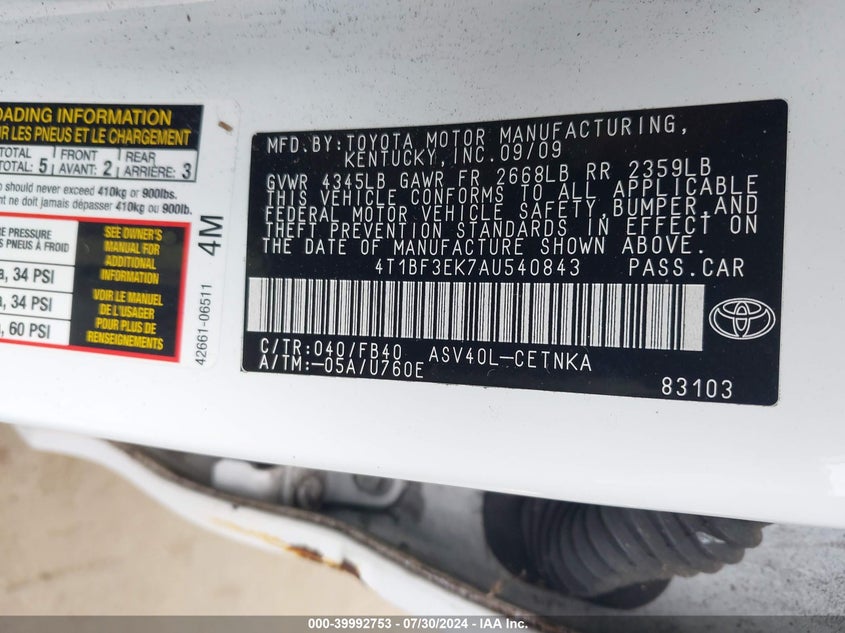 2010 Toyota Camry Se/Le/Xle VIN: 4T1BF3EK7AU540843 Lot: 39992753
