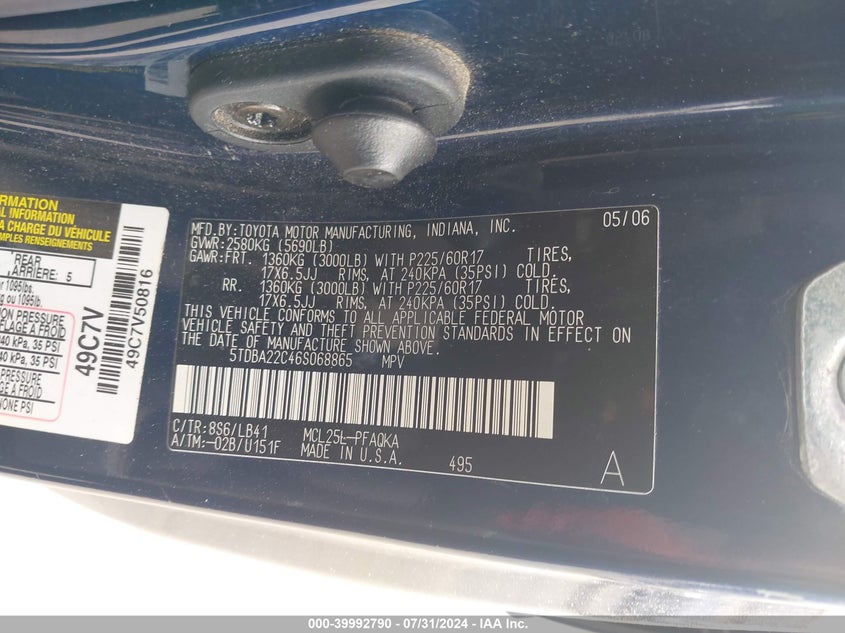 2006 Toyota Sienna Xle VIN: 5TDBA22C46S068865 Lot: 39992790