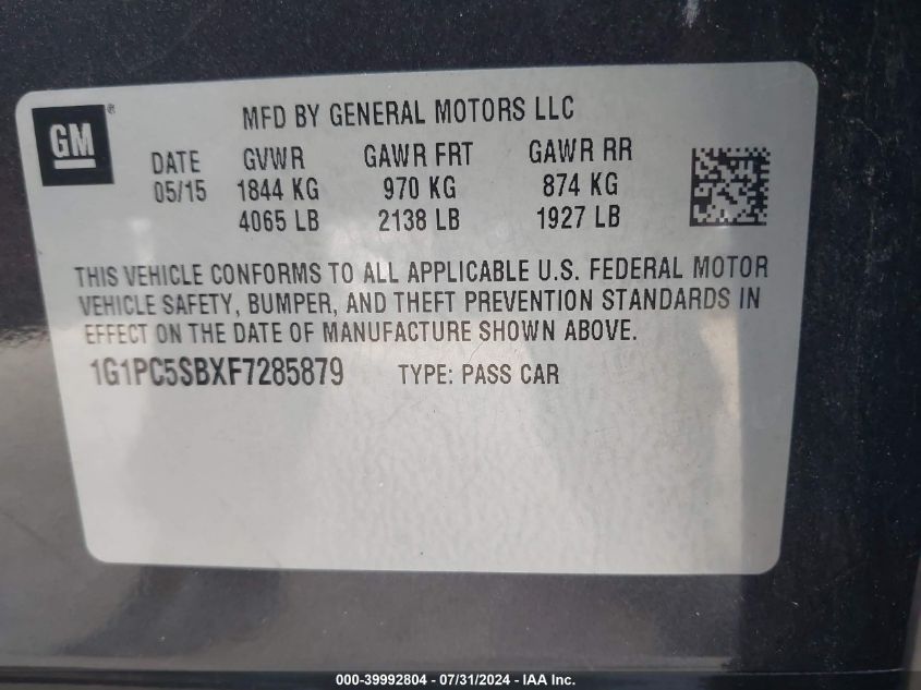 2015 Chevrolet Cruze 1Lt Auto VIN: 1G1PC5SBXF7285879 Lot: 39992804