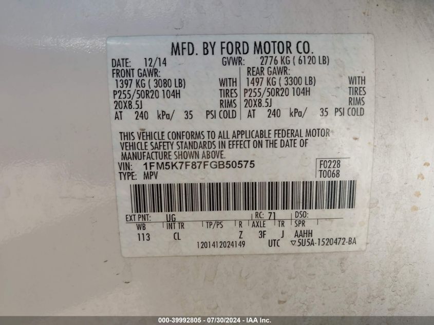 2015 Ford Explorer Limited VIN: 1FM5K7F87FGB50575 Lot: 39992805