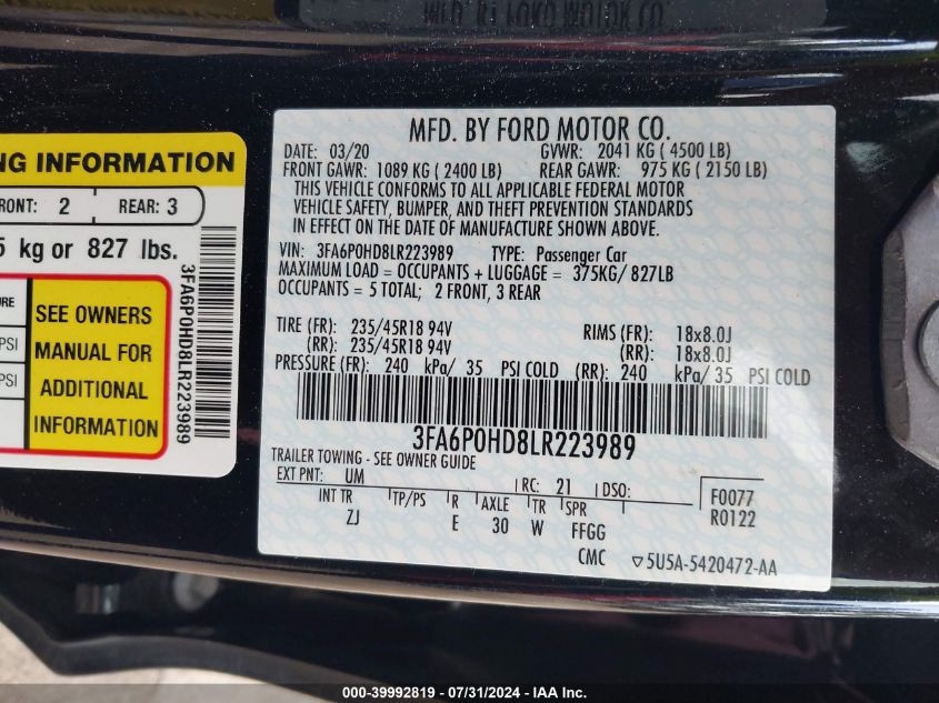 2020 Ford Fusion Se VIN: 3FA6P0HD8LR223989 Lot: 39992819