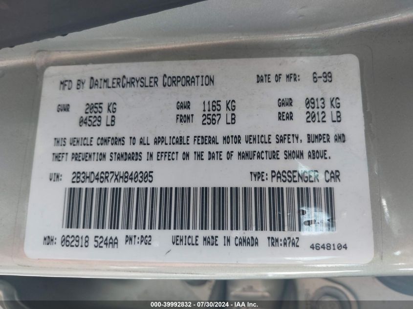 1999 Dodge Intrepid VIN: 2B3HD46R7XH840305 Lot: 39992832