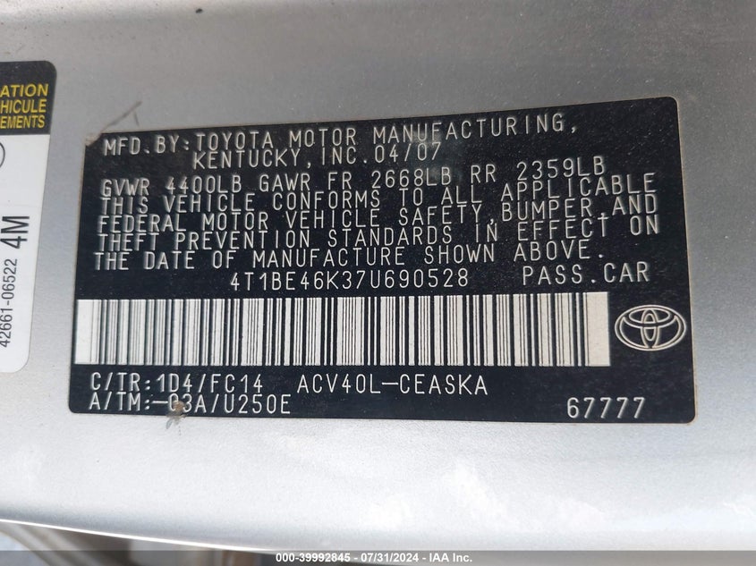 2007 Toyota Camry Se VIN: 4T1BE46K37U690528 Lot: 39992845