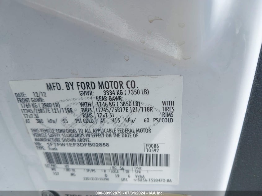 2013 Ford F-150 Xlt VIN: 1FTFW1EF3DFB02858 Lot: 39992879