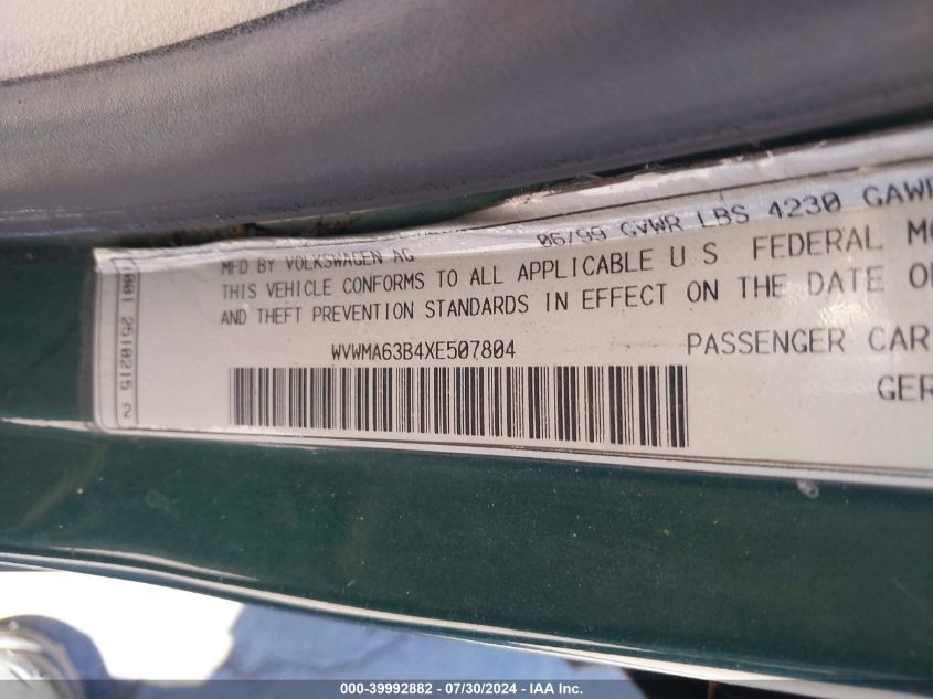 1999 Volkswagen Passat Gls VIN: WVWMA63B4XE507804 Lot: 39992882