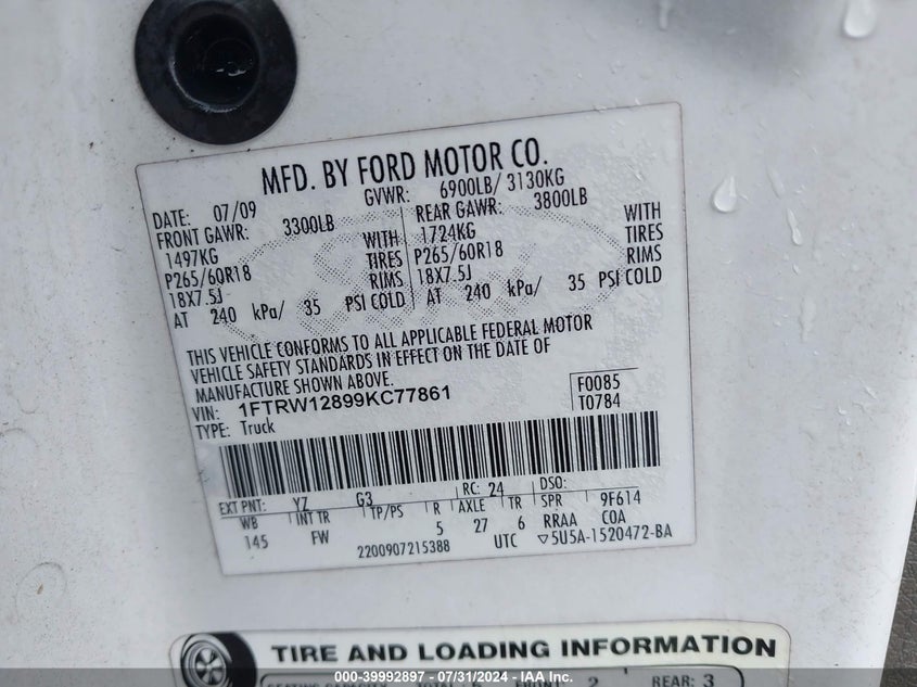 2009 Ford F-150 Xl/Xlt VIN: 1FTRW12899KC77861 Lot: 39992897