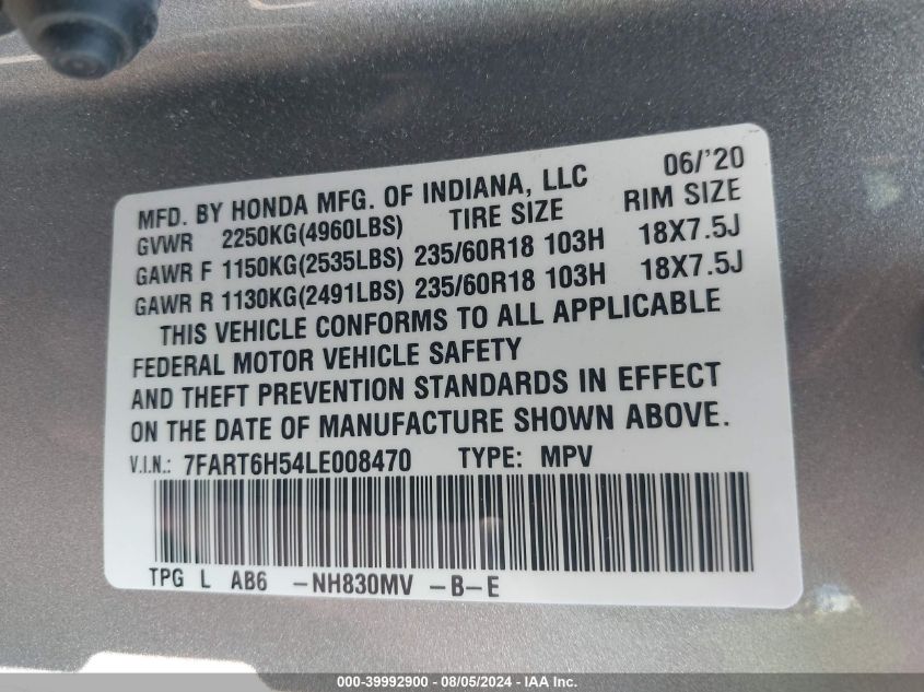 2020 Honda Cr-V Ex VIN: 7FART6H54LE008470 Lot: 39992900