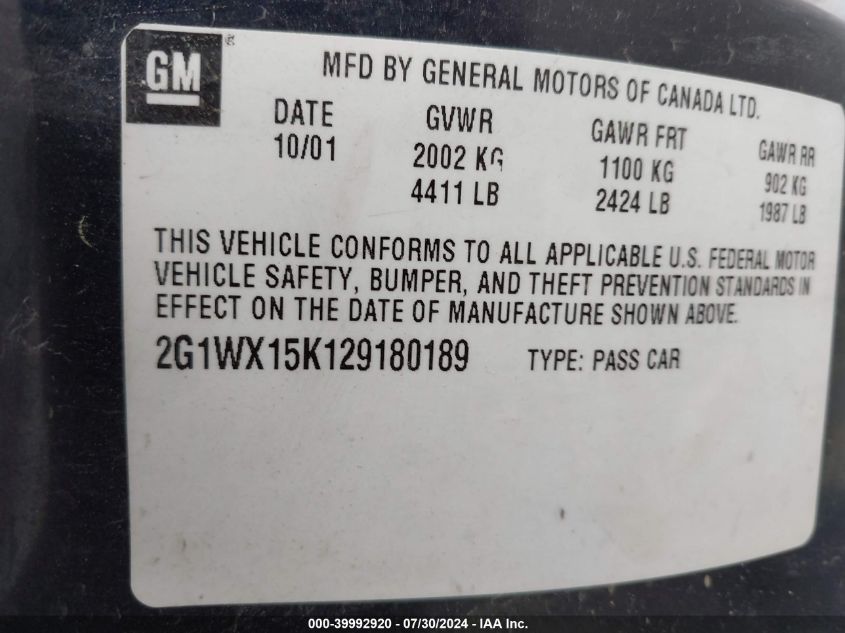 2002 Chevrolet Monte Carlo Ss VIN: 2G1WX15K129180189 Lot: 39992920