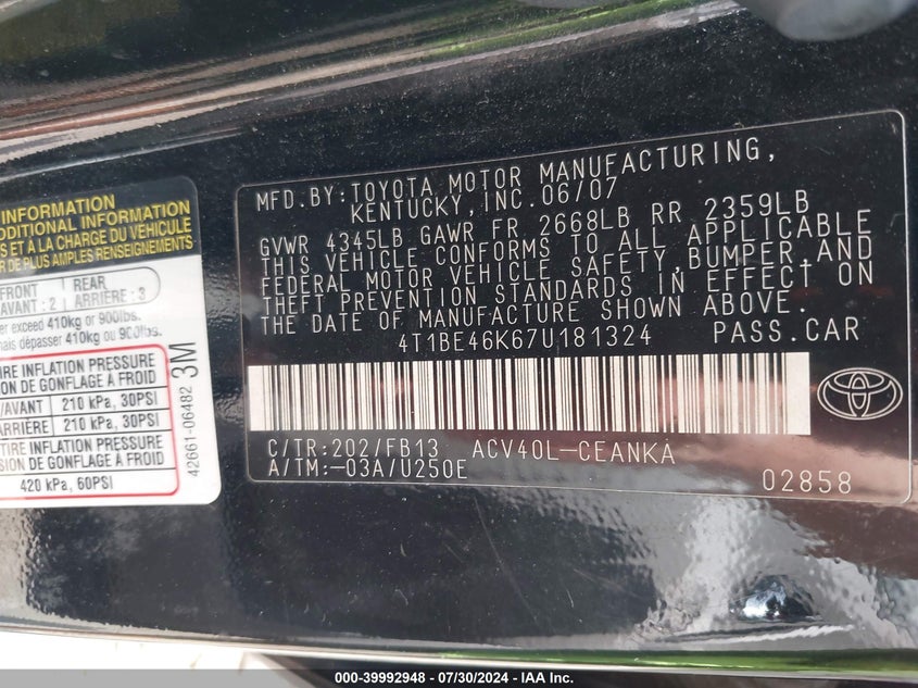 2007 Toyota Camry Le VIN: 4T1BE46K67U181324 Lot: 39992948