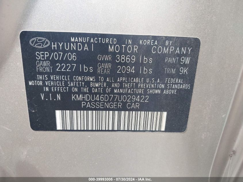 2007 Hyundai Elantra Gls/Limited/Se VIN: KMHDU46D77U029422 Lot: 39993005