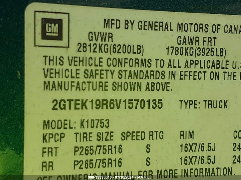 1997 GMC Sierra 1500 Sl Wideside VIN: 2GTEK19R6V1570135 Lot: 39993010