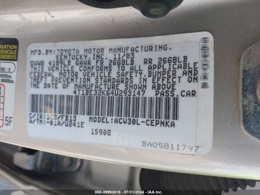 2004 Toyota Camry Le/Xle/Se VIN: 4T1BE32K64U293147 Lot: 39993018