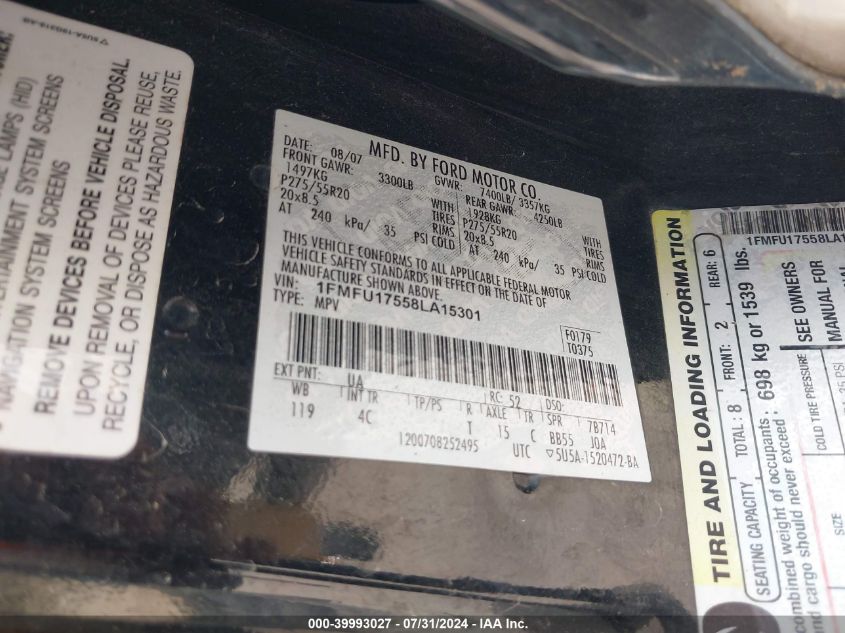 2008 Ford Expedition Eddie Bauer/King Ranch VIN: 1FMFU17558LA15301 Lot: 39993027