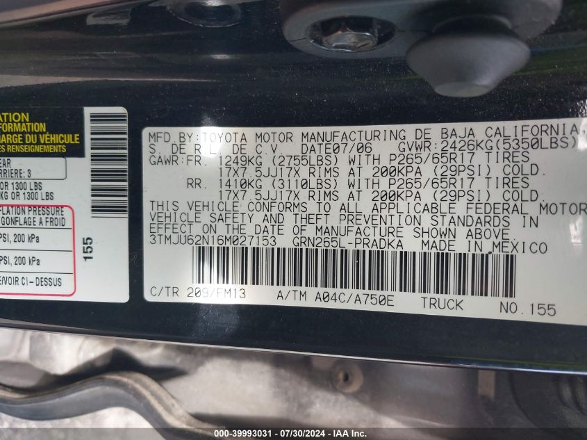 2006 Toyota Tacoma Prerunner V6 VIN: 3TMJU62N16M027153 Lot: 39993031