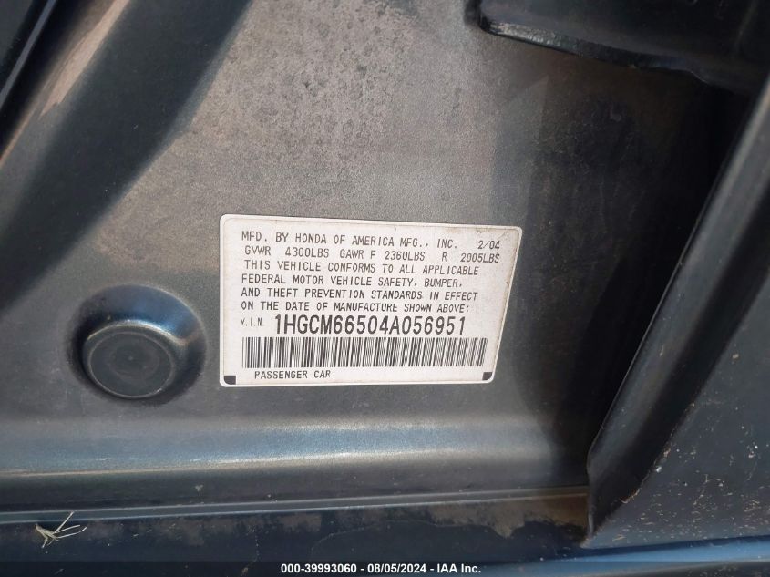 2004 Honda Accord Ex VIN: 1HGCM66504A056951 Lot: 39993060