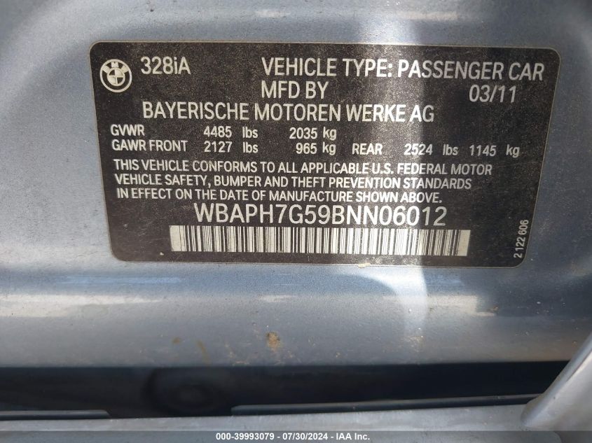 2011 BMW 328I VIN: WBAPH7G59BNN06012 Lot: 39993079