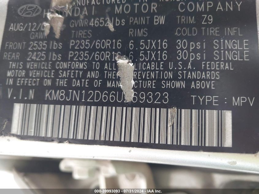 2006 Hyundai Tucson Gls/Limited VIN: KM8JN12D66U269323 Lot: 39993093