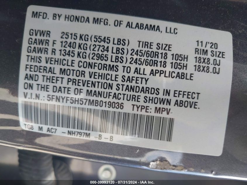 2021 Honda Pilot 2Wd Ex-L VIN: 5FNYF5H57MB019036 Lot: 39993120