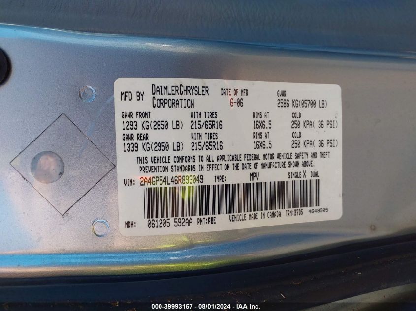2006 Chrysler Town & Country Touring VIN: 2A4GP54L46R893049 Lot: 39993157