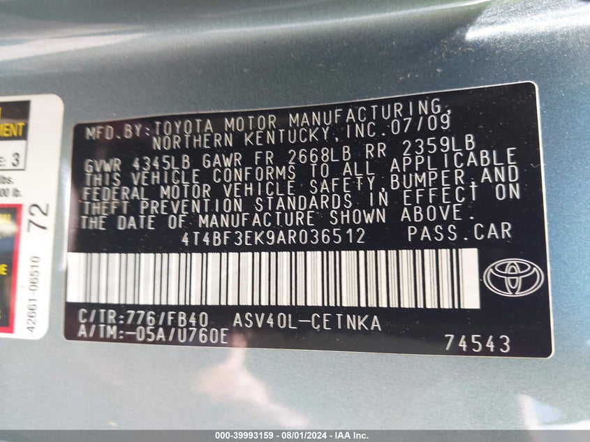 2010 Toyota Camry Se/Le/Xle VIN: 4T4BF3EK9AR036512 Lot: 39993159