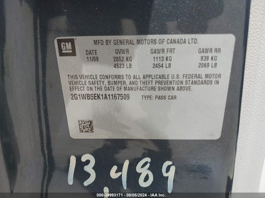 2010 Chevrolet Impala Lt VIN: 2G1WB5EK1A1167509 Lot: 39993171