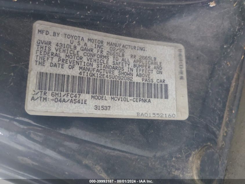 1995 Toyota Camry Le VIN: 4T1GK12E4SU092082 Lot: 39993187