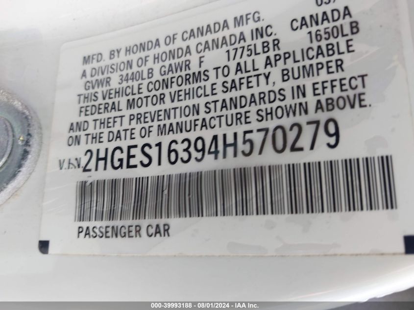 2004 Honda Civic Vp VIN: 2HGES16394H570279 Lot: 39993188