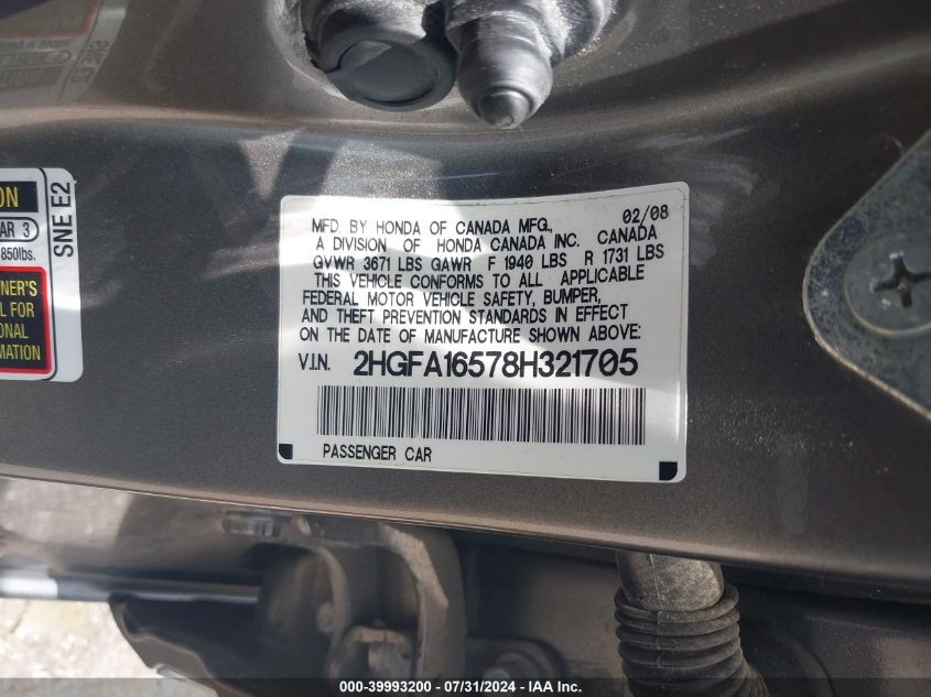 2008 Honda Civic Lx VIN: 2HGFA16578H321705 Lot: 39993200